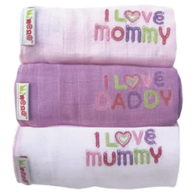 100% Cotton Muslin Squares I Love Mommy/Daddy 3pk