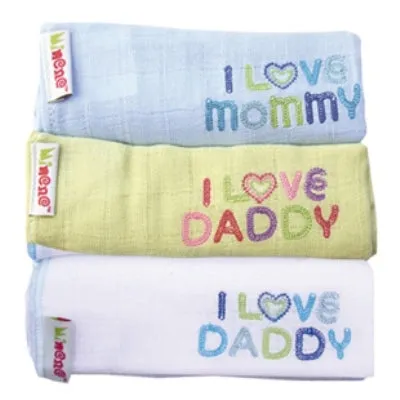 100% Cotton Muslin Squares I Love Mommy/Daddy 3pk