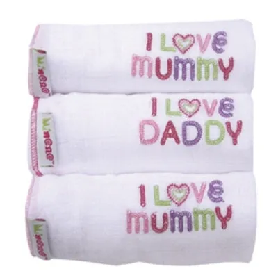 100% Cotton Muslin Squares I Love Mommy/Daddy 3pk