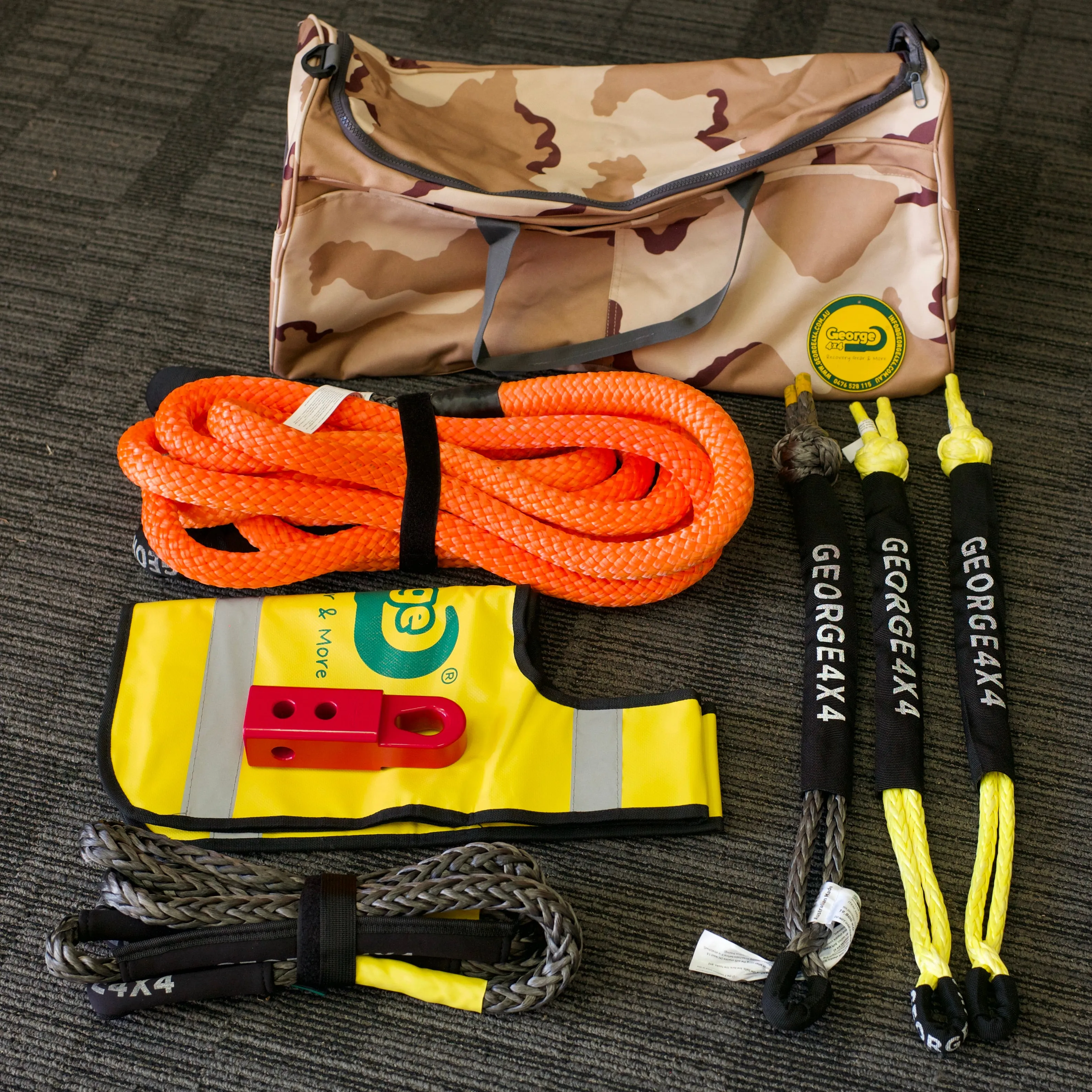 13K Standard Snatch Recovery kit: Kinetic Rope 13300kg   Bridle Rope  Soft Shackles  Bag Hitch