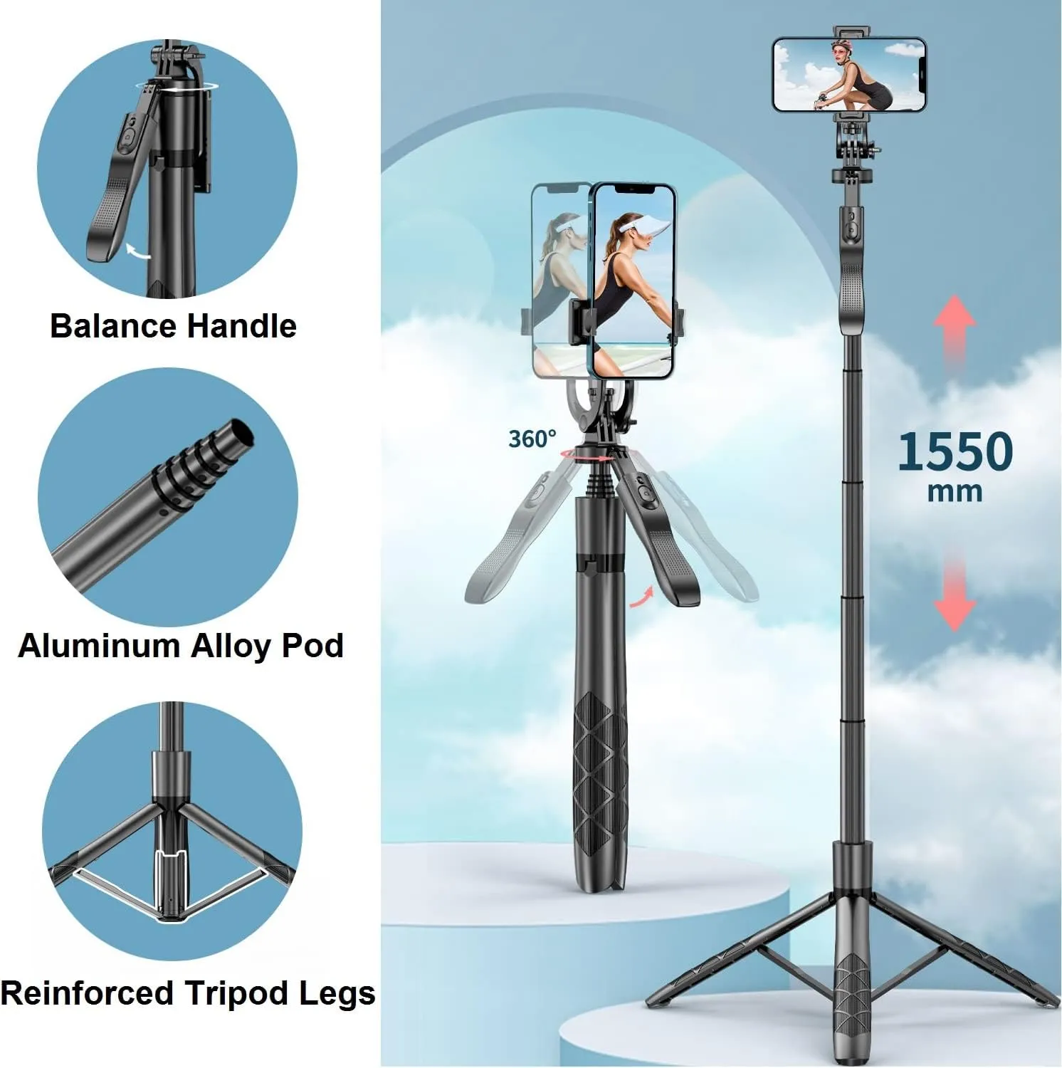 1.5M Extendable Tripod Stand with Stabilizer for iPhone, Android, and Cameras