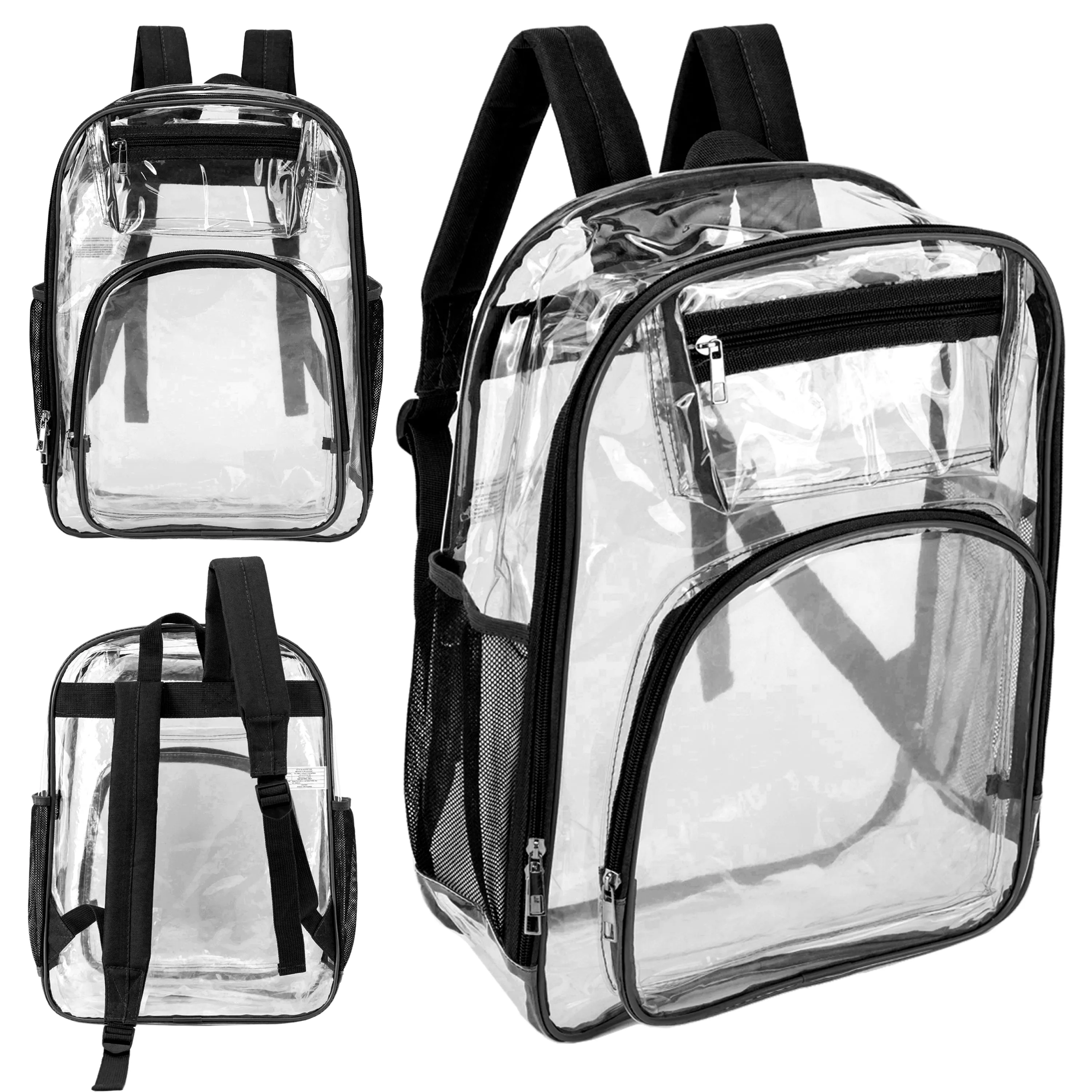 17" Premium Wholesale Clear Backpacks w/Black Trim & 12 Bulk School Supply Kits of Your Choice