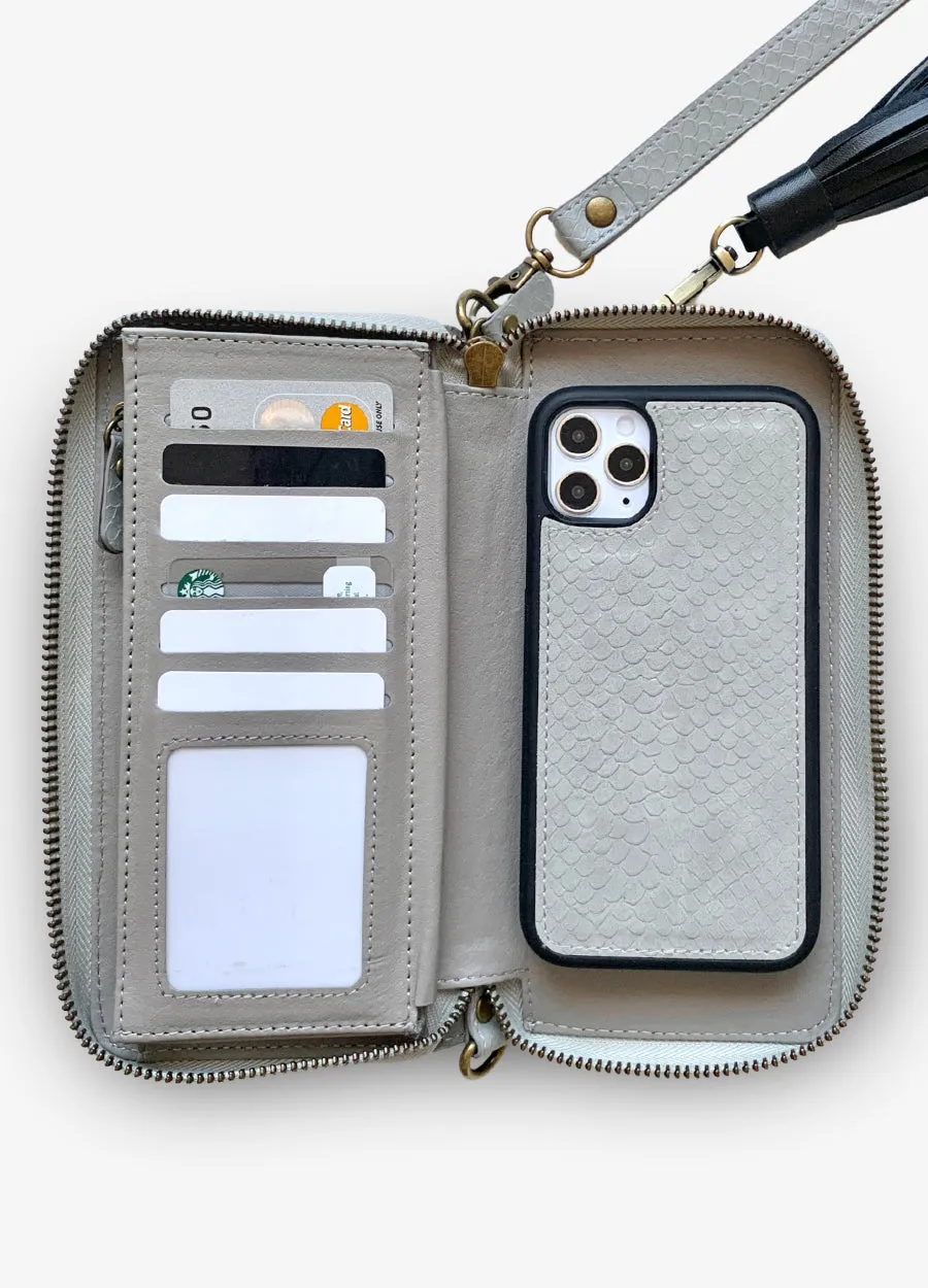 2-in-1 RFID Crossbody Wallet Phone Case in Gray Snakeskin