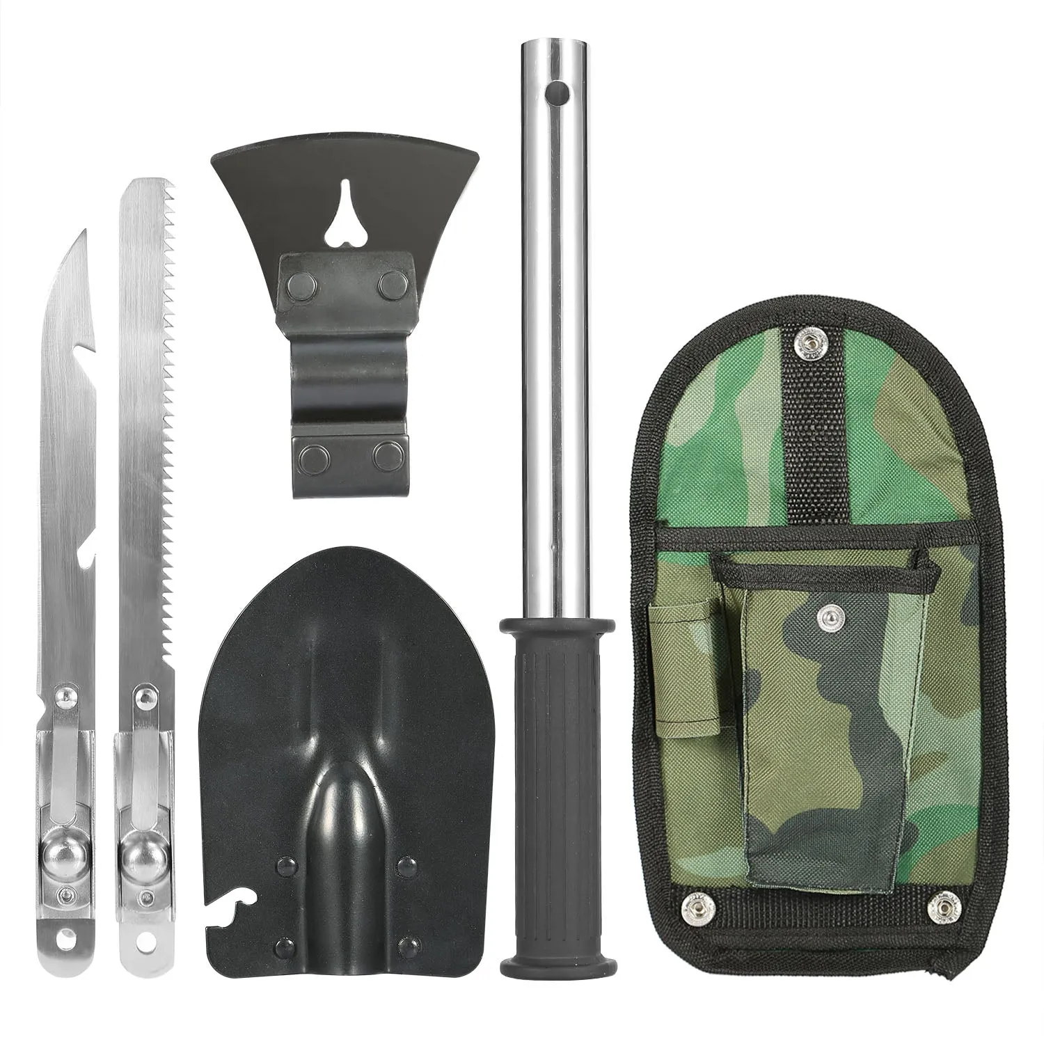 6-in-1 Multi Tool Survival Kit Shovel Knife Axe Saw Nail Puller w/ Pouch Outdoor Gear Camping - Multi