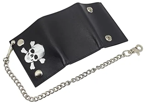 946-59 Mens Wallets Black Trifold RFID Protection Real Leather Skull Biker Chain For Men