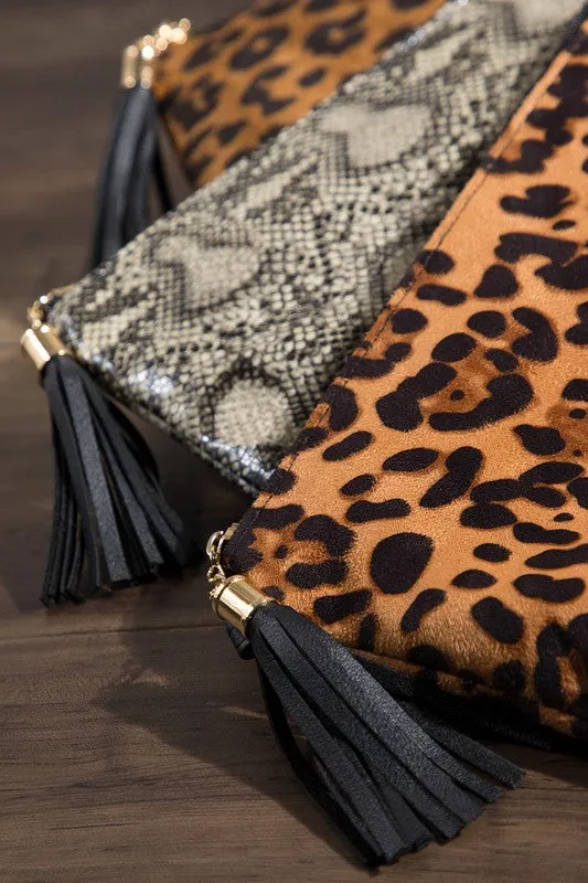 Animal print wristlet with tassel cross body/clutch bag