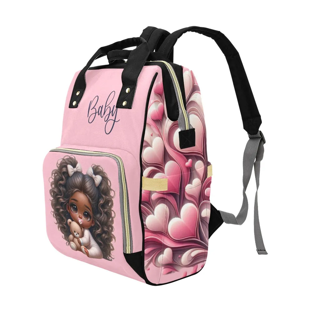 Baby Girl African American Puffy Pigtails in PJs Hearts Diaper Backpack