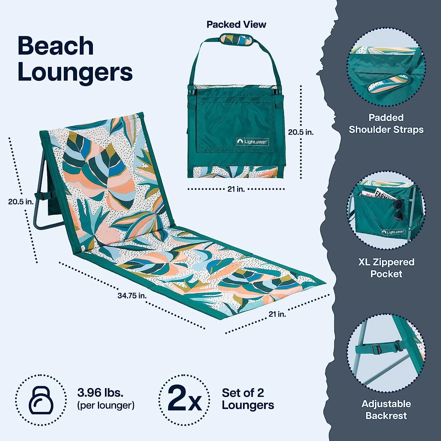 Beach Lounger, Portable Chair, 2-Pack