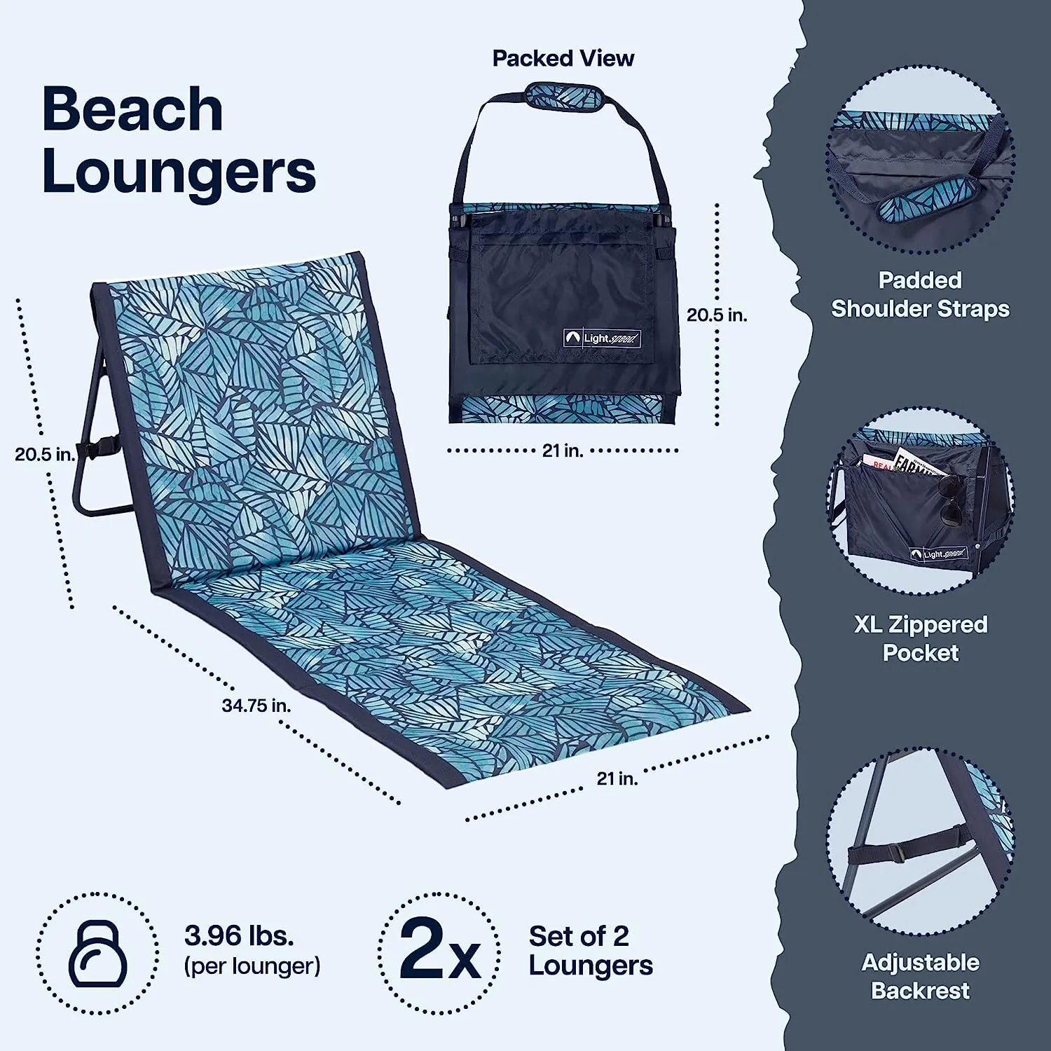 Beach Lounger, Portable Chair, 2-Pack