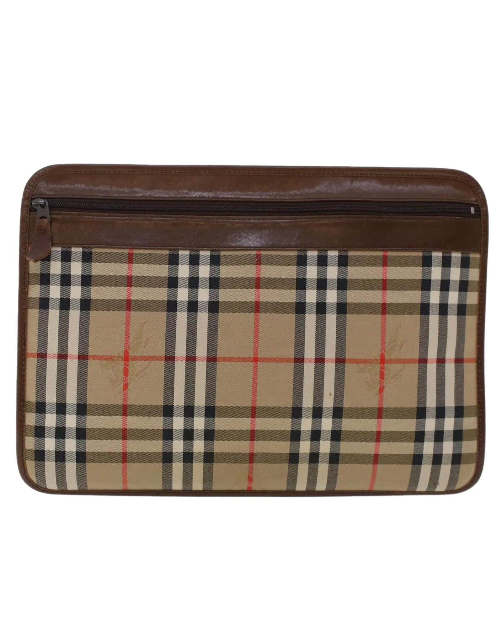 Beige Nylon Leather Clutch Bag with Nova Check Pattern