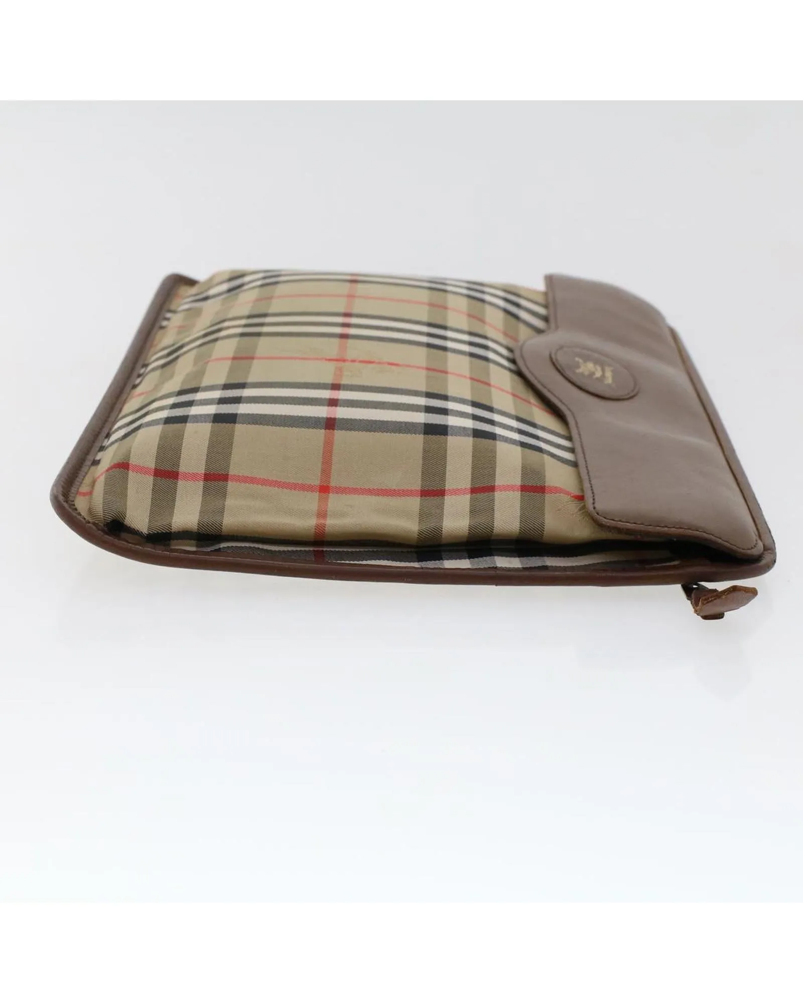 Beige Nylon Leather Clutch Bag with Nova Check Pattern