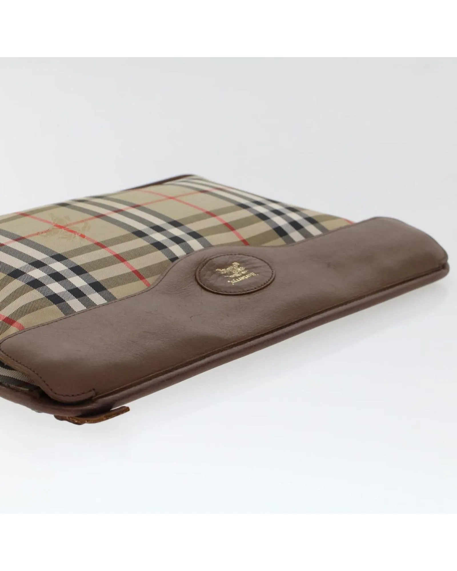 Beige Nylon Leather Clutch Bag with Nova Check Pattern