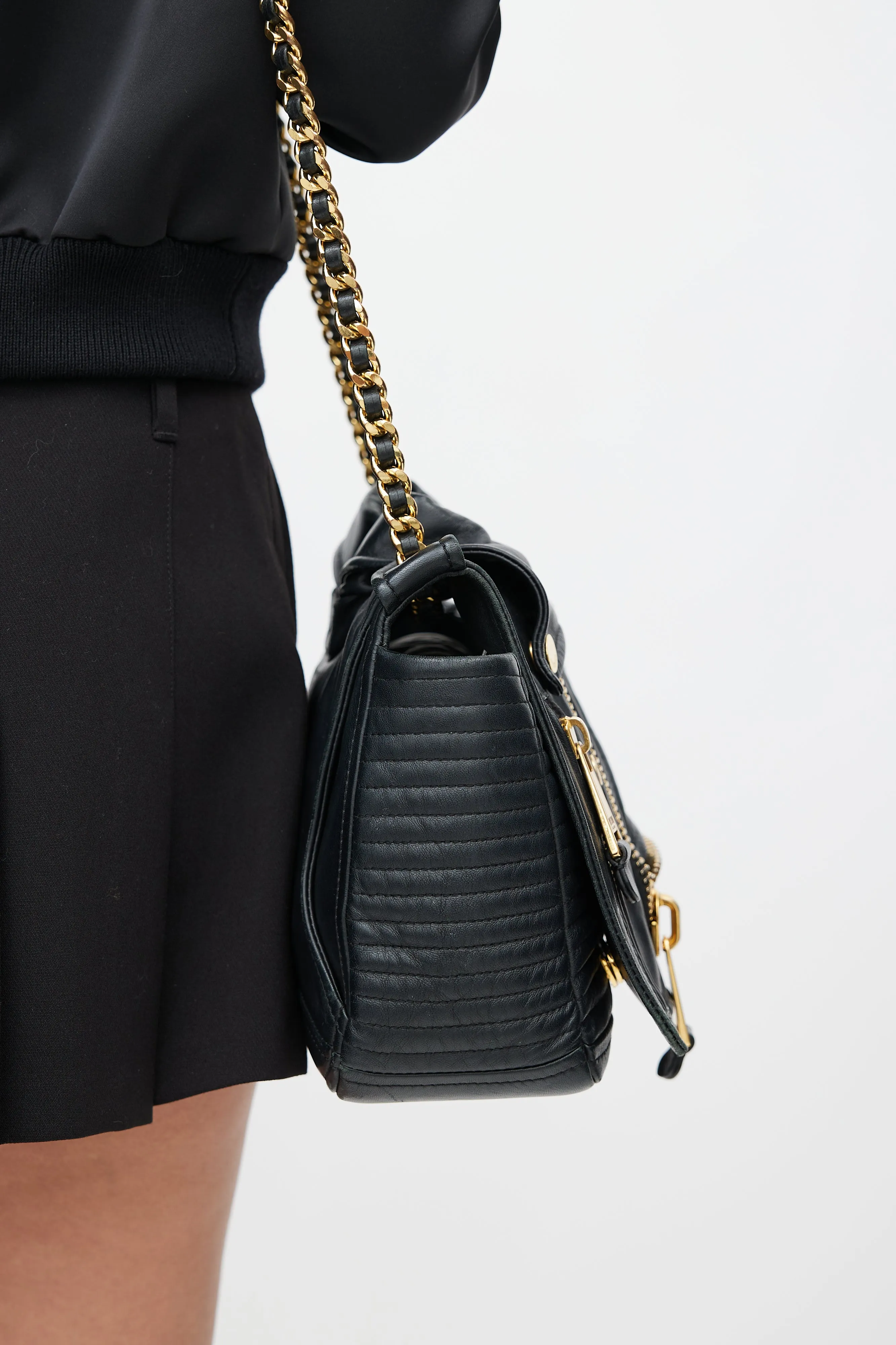 Black & Gold Leather Biker Shoulder Bag