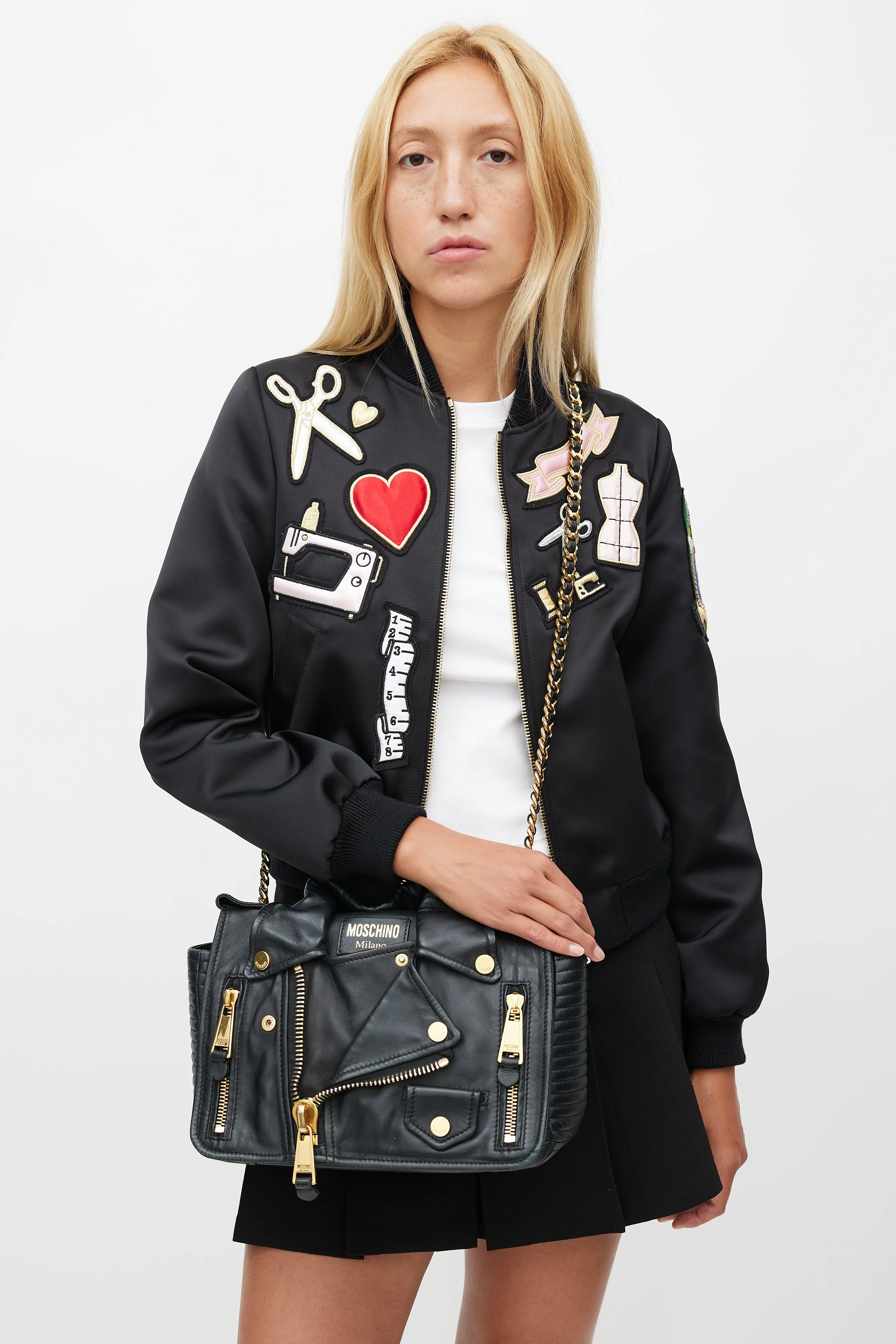 Black & Gold Leather Biker Shoulder Bag