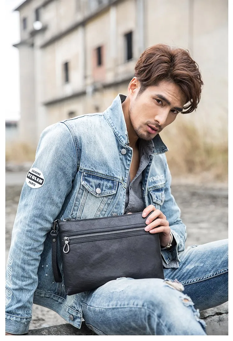 Black Cool Leather Mens Wristlet Bag Clutch Black Slim Messenger Bag Side Bag for Men