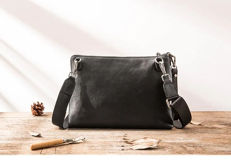 Black Cool Leather Mens Wristlet Bag Clutch Black Slim Messenger Bag Side Bag for Men