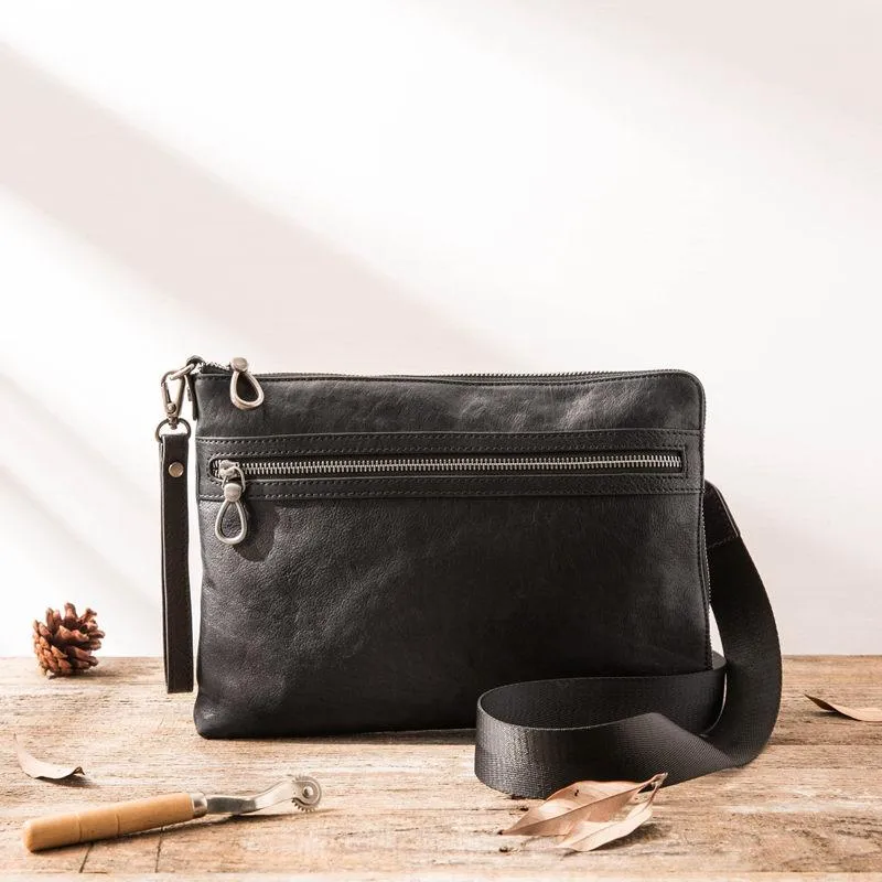 Black Cool Leather Mens Wristlet Bag Clutch Black Slim Messenger Bag Side Bag for Men