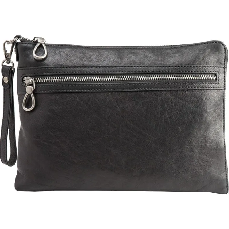 Black Cool Leather Mens Wristlet Bag Clutch Black Slim Messenger Bag Side Bag for Men