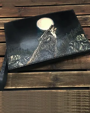 Black Handmade Tooled Leather Wolf Clutch Wallet Wristlet Bag Clutch Purse For Men