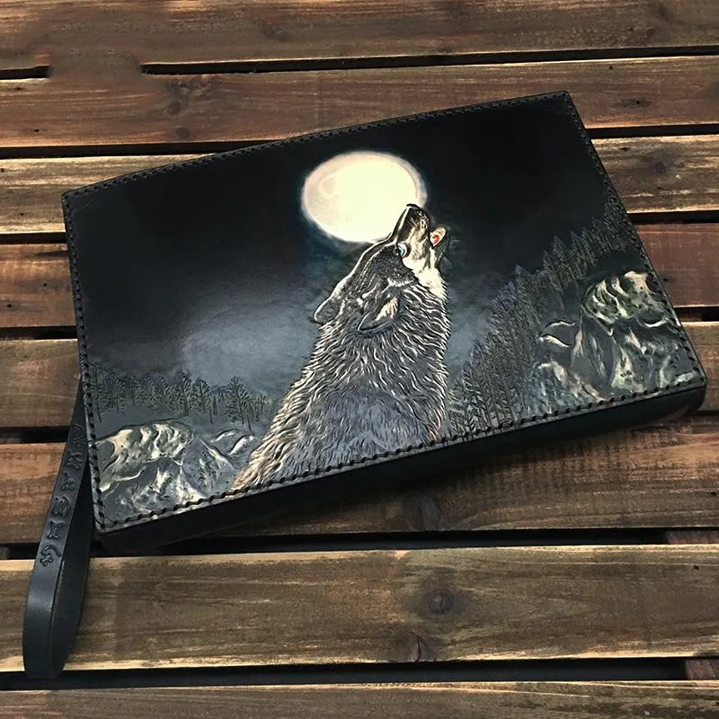 Black Handmade Tooled Leather Wolf Clutch Wallet Wristlet Bag Clutch Purse For Men