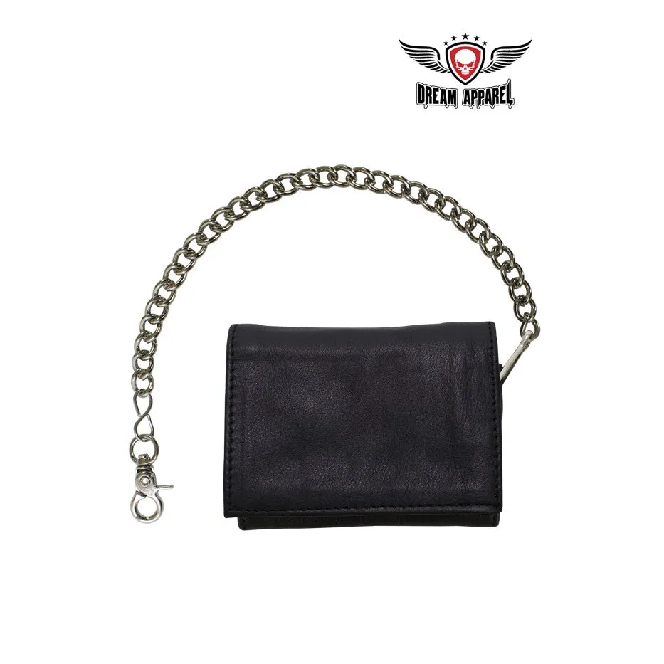 Black Multi-Pocket Naked Cowhide Leather Tri-Fold Wallet with Chain