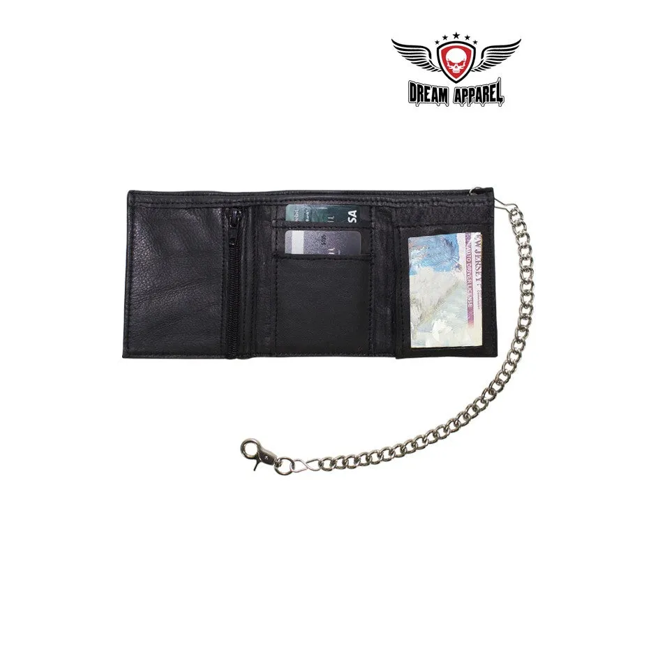 Black Multi-Pocket Naked Cowhide Leather Tri-Fold Wallet with Chain