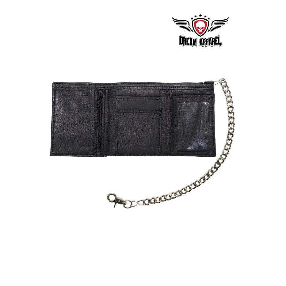 Black Multi-Pocket Naked Cowhide Leather Tri-Fold Wallet with Chain