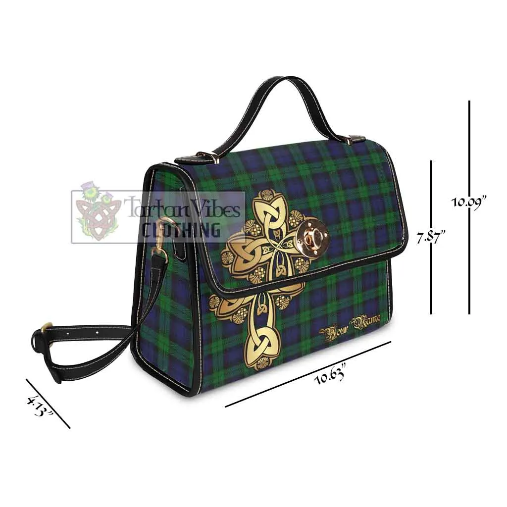 Black Watch Tartan Waterproof Canvas Bag Golden Thistle Celtic Cross Style