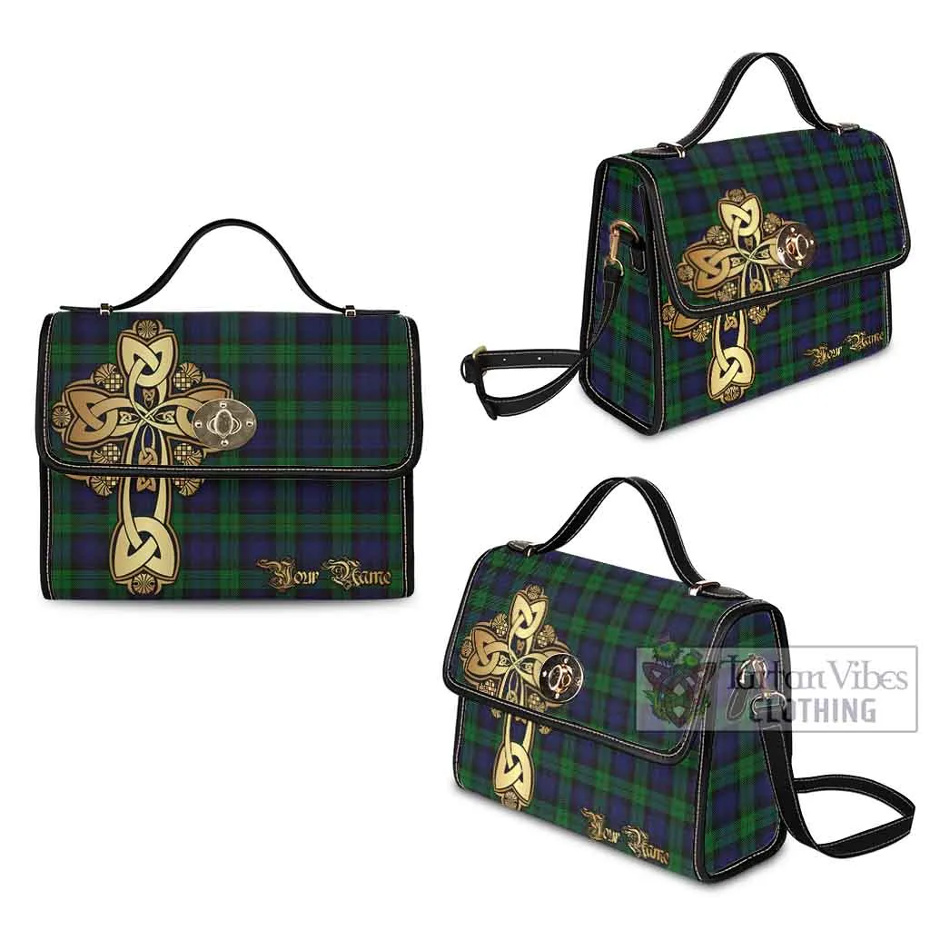 Black Watch Tartan Waterproof Canvas Bag Golden Thistle Celtic Cross Style