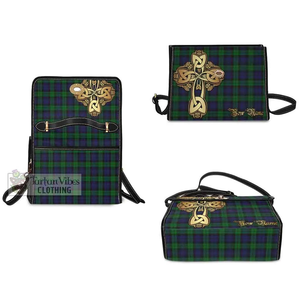 Black Watch Tartan Waterproof Canvas Bag Golden Thistle Celtic Cross Style