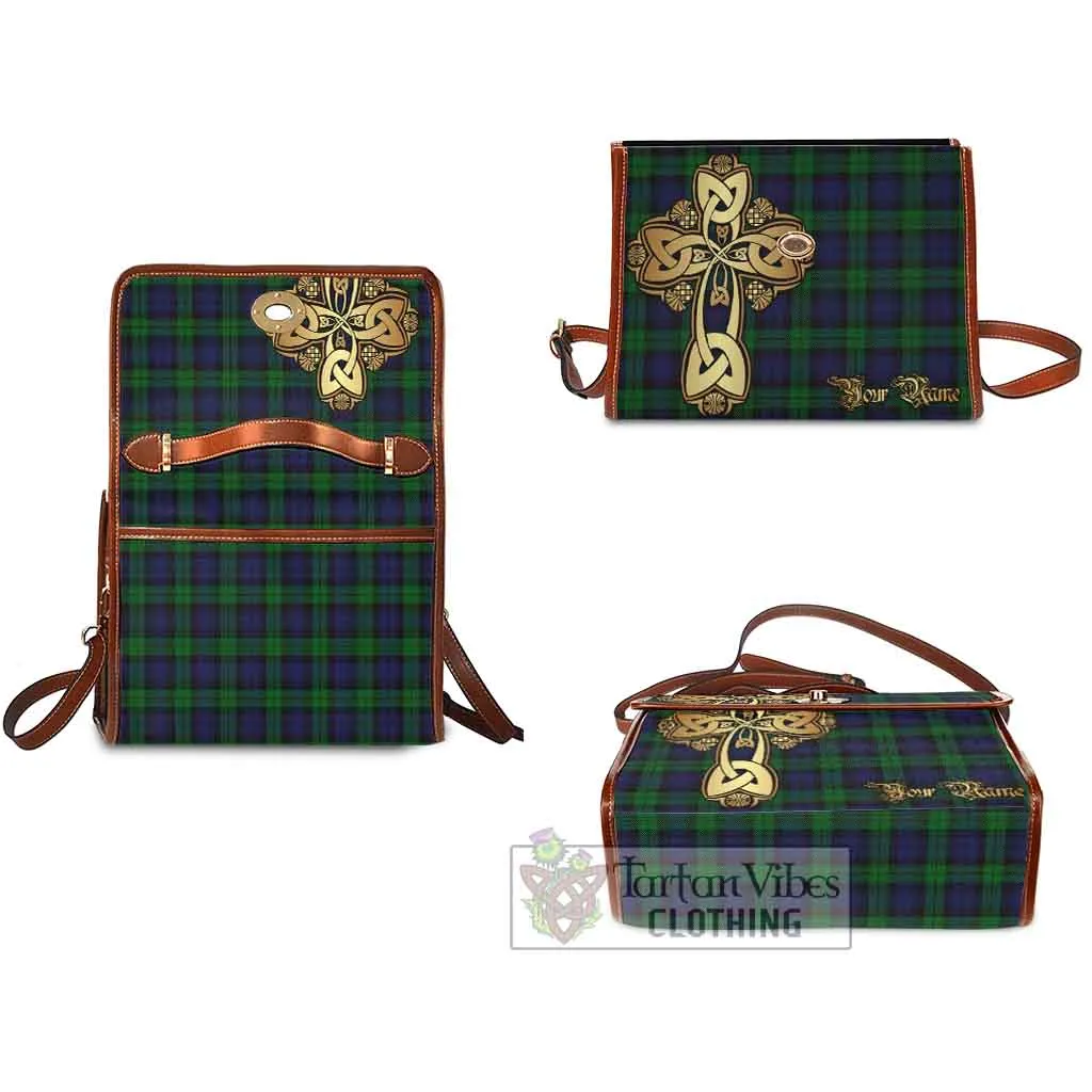 Black Watch Tartan Waterproof Canvas Bag Golden Thistle Celtic Cross Style