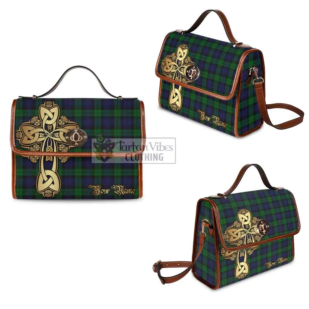 Black Watch Tartan Waterproof Canvas Bag Golden Thistle Celtic Cross Style