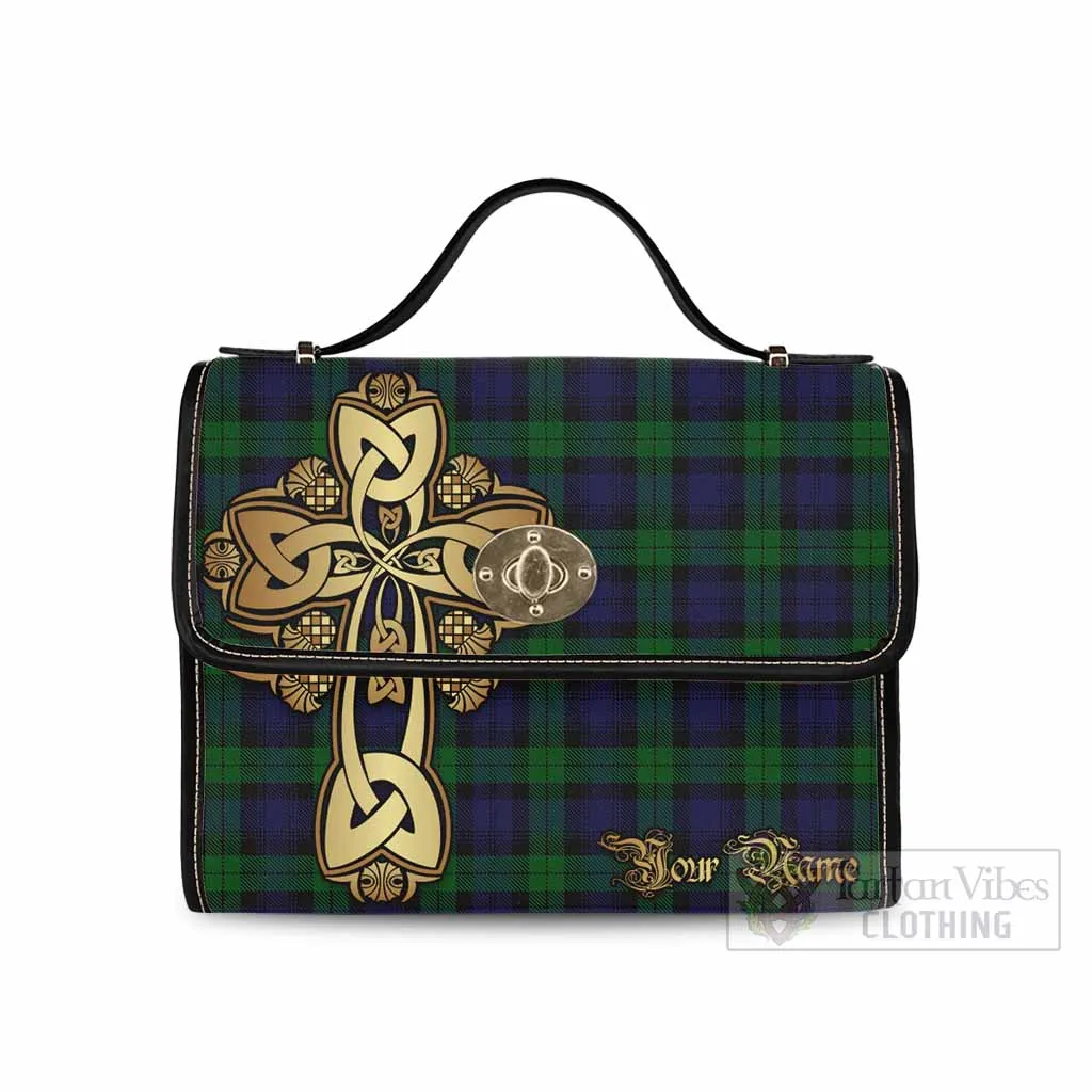 Black Watch Tartan Waterproof Canvas Bag Golden Thistle Celtic Cross Style