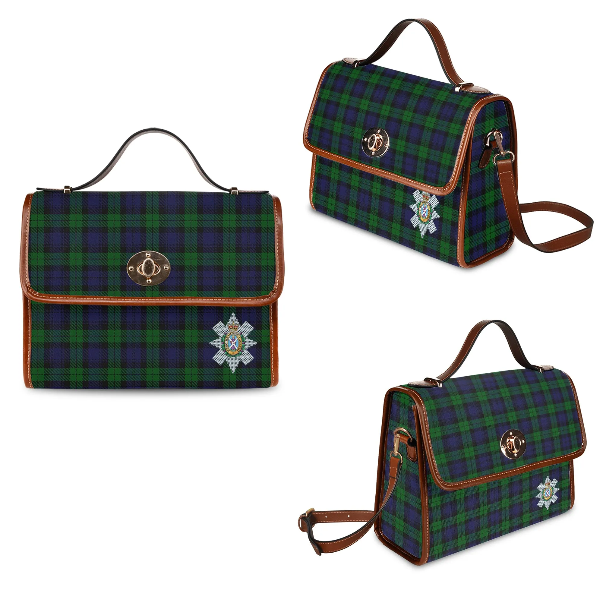 Black Watch Tartan Waterproof Canvas Bag with Family Crest