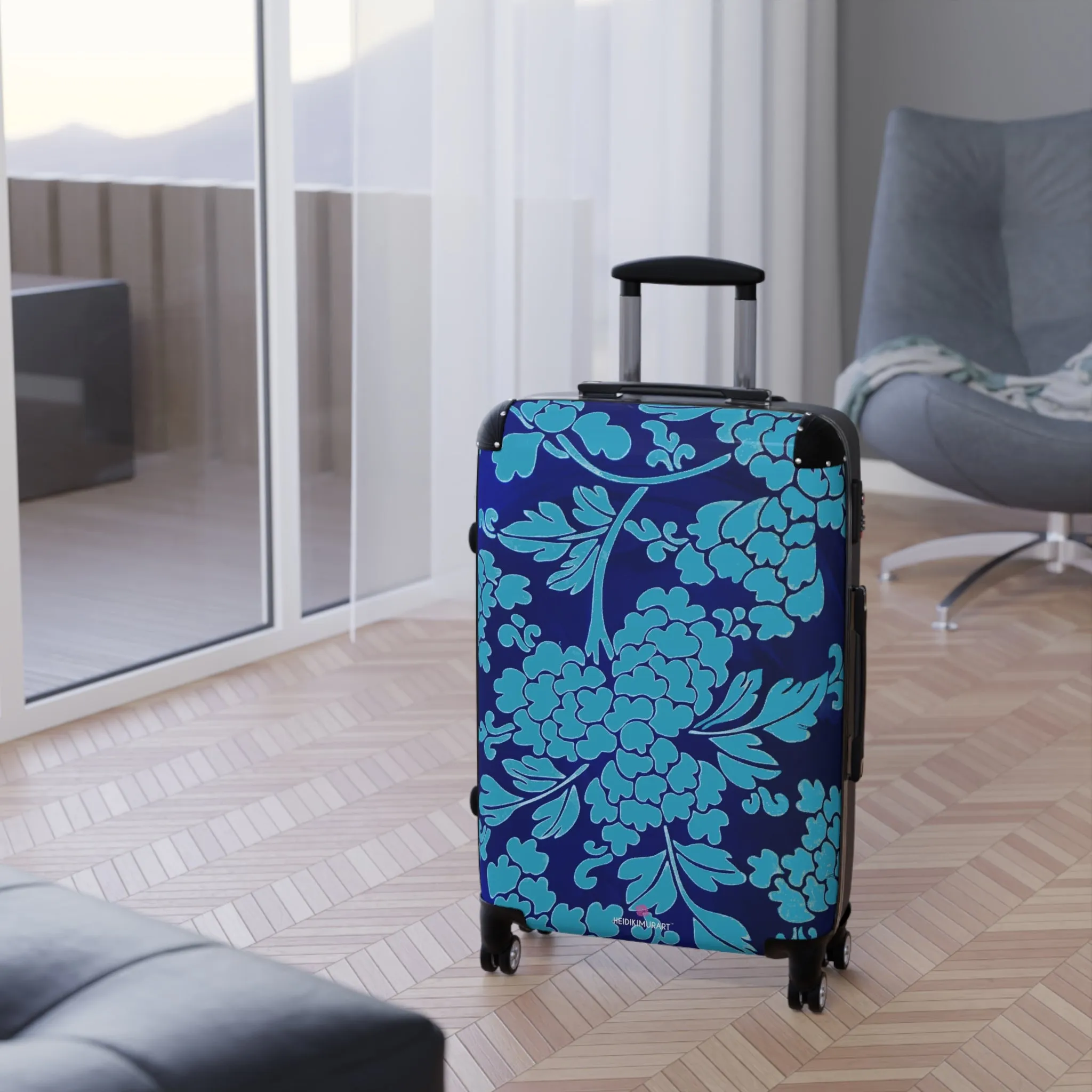 Blue Floral Print Suitcase, Abstract Oriental Style Floral Print Designer Suitcases, Travel Bag Suitcases (Small, Medium, Large)