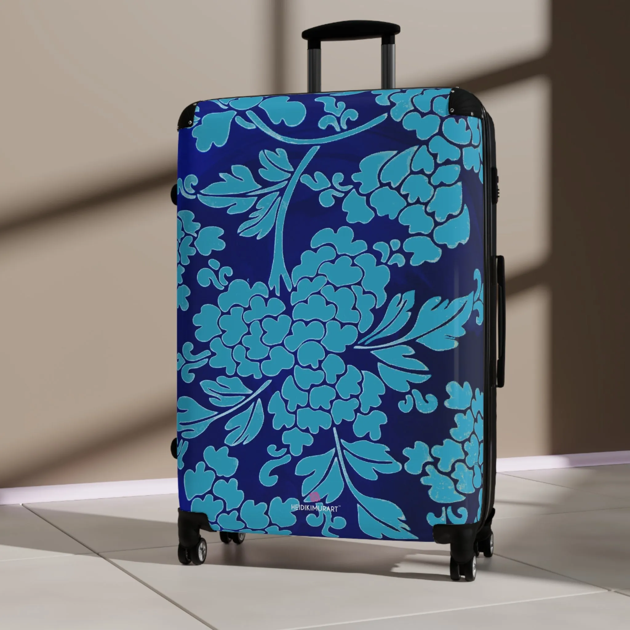 Blue Floral Print Suitcase, Abstract Oriental Style Floral Print Designer Suitcases, Travel Bag Suitcases (Small, Medium, Large)