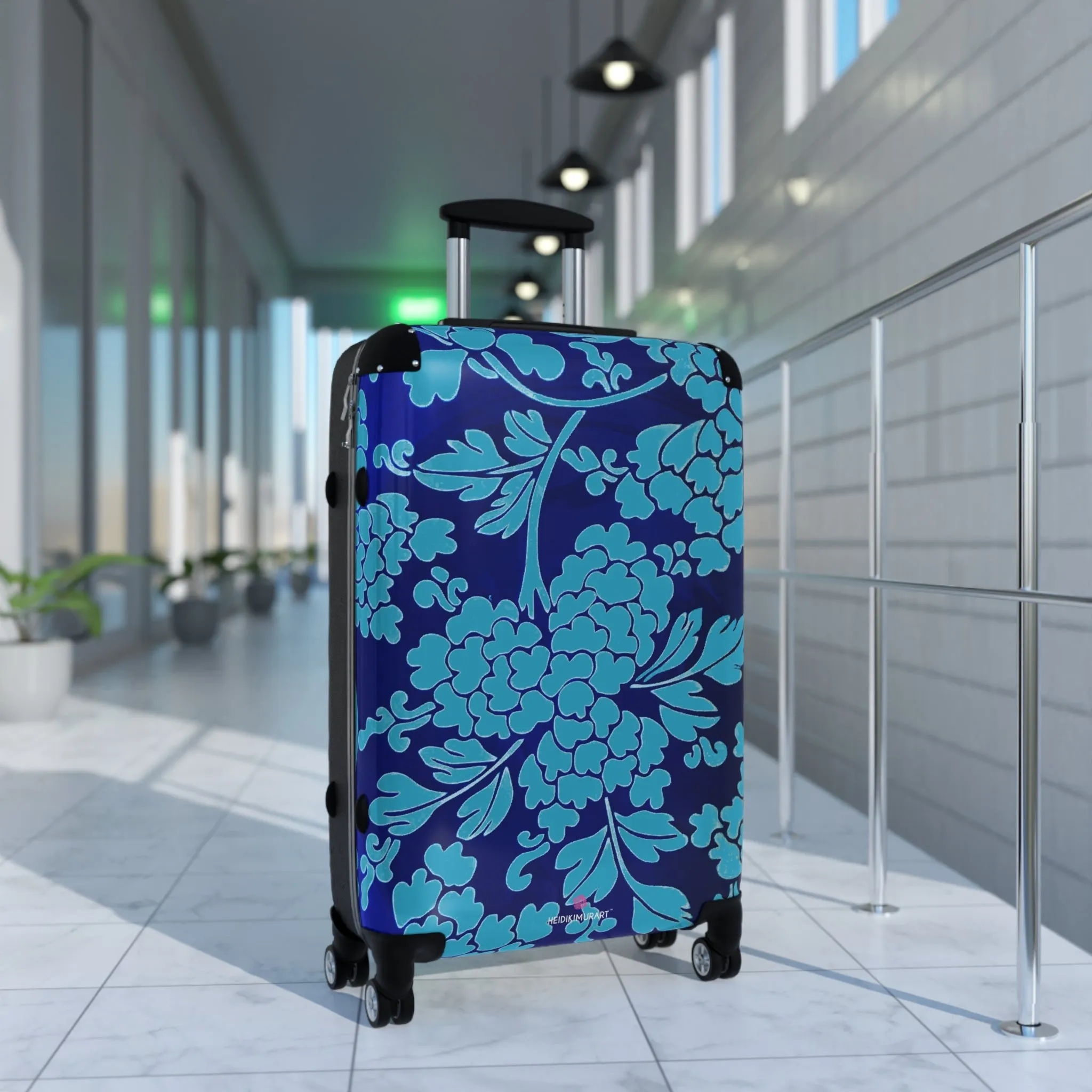 Blue Floral Print Suitcase, Abstract Oriental Style Floral Print Designer Suitcases, Travel Bag Suitcases (Small, Medium, Large)