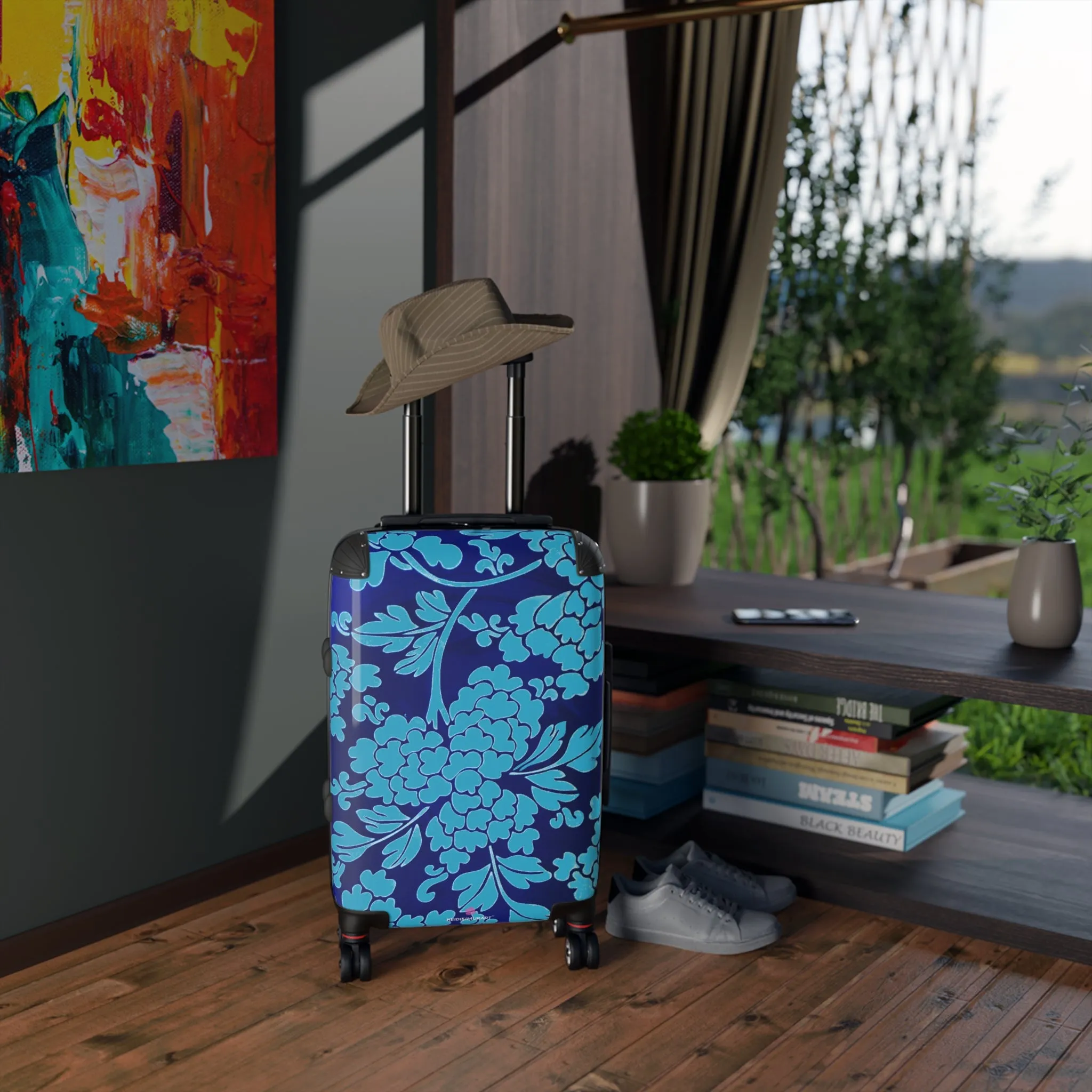 Blue Floral Print Suitcase, Abstract Oriental Style Floral Print Designer Suitcases, Travel Bag Suitcases (Small, Medium, Large)