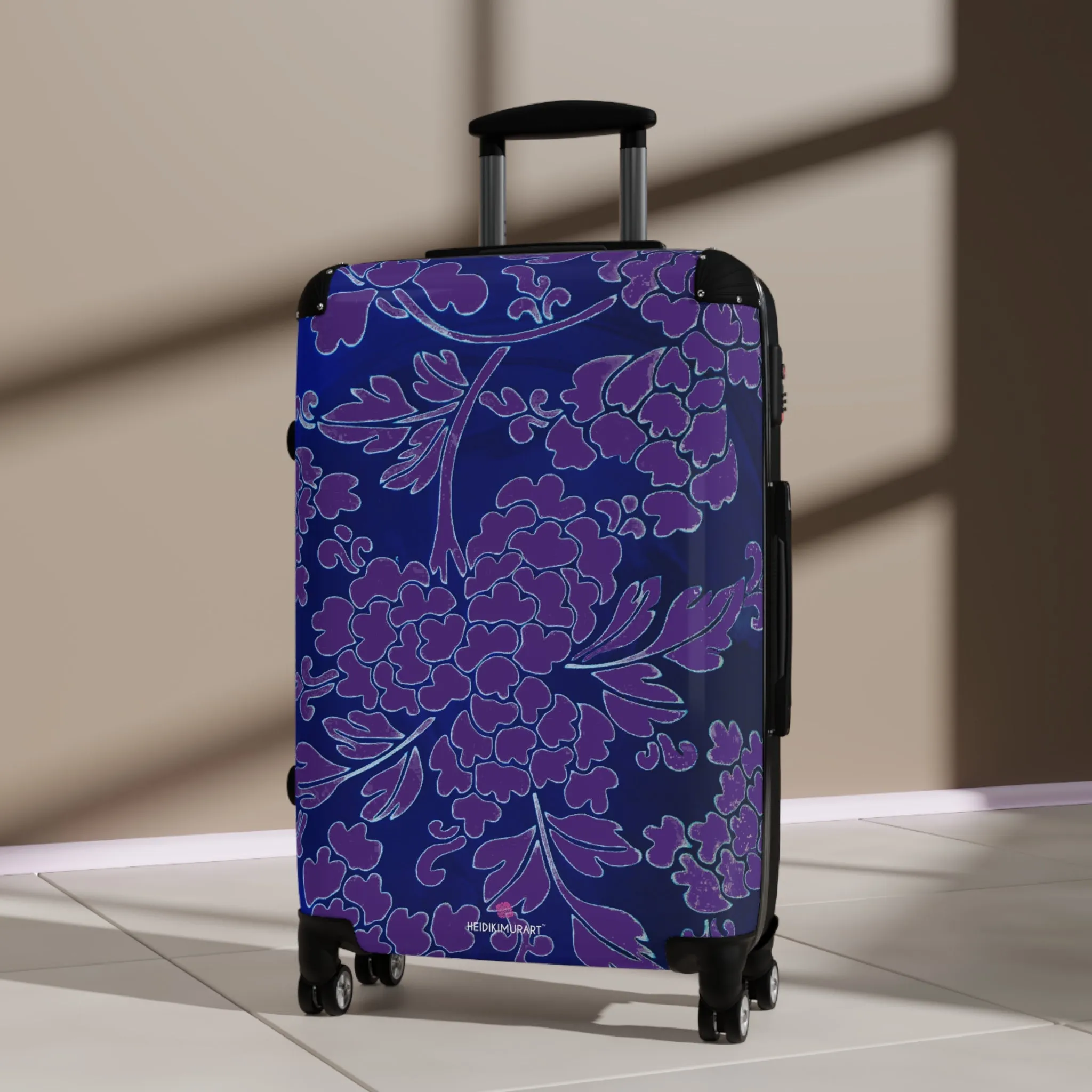 Blue Purple Floral Print Suitcase, Abstract Oriental Style Floral Print Designer Suitcases, Travel Bag Suitcases (Small, Medium, Large)