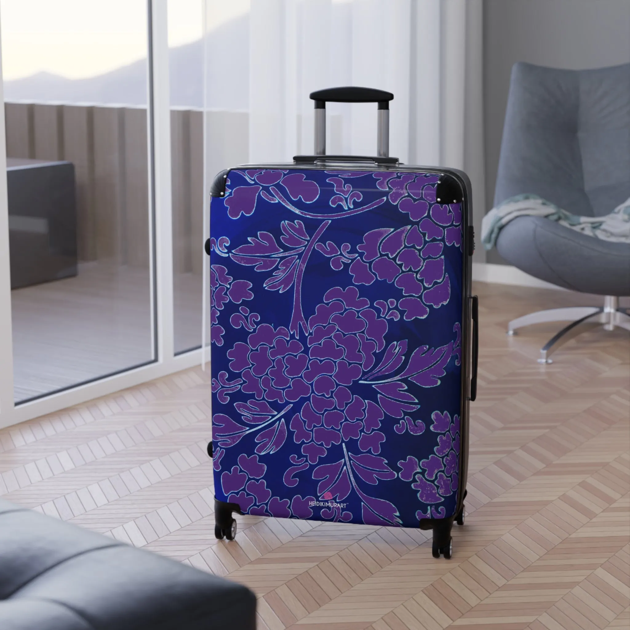 Blue Purple Floral Print Suitcase, Abstract Oriental Style Floral Print Designer Suitcases, Travel Bag Suitcases (Small, Medium, Large)