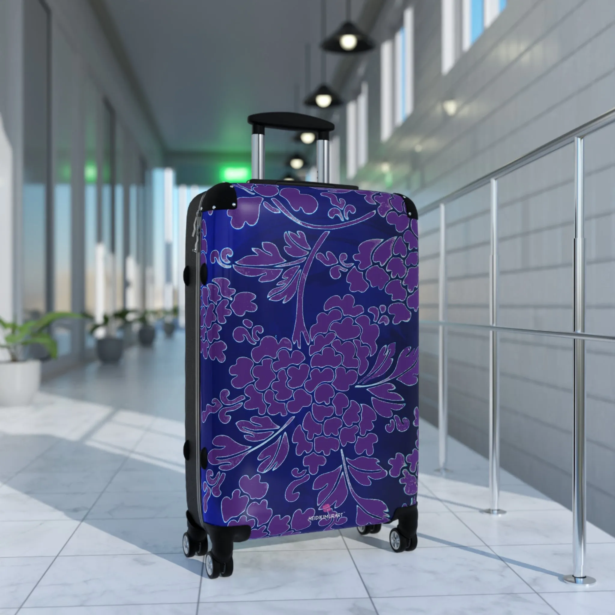 Blue Purple Floral Print Suitcase, Abstract Oriental Style Floral Print Designer Suitcases, Travel Bag Suitcases (Small, Medium, Large)