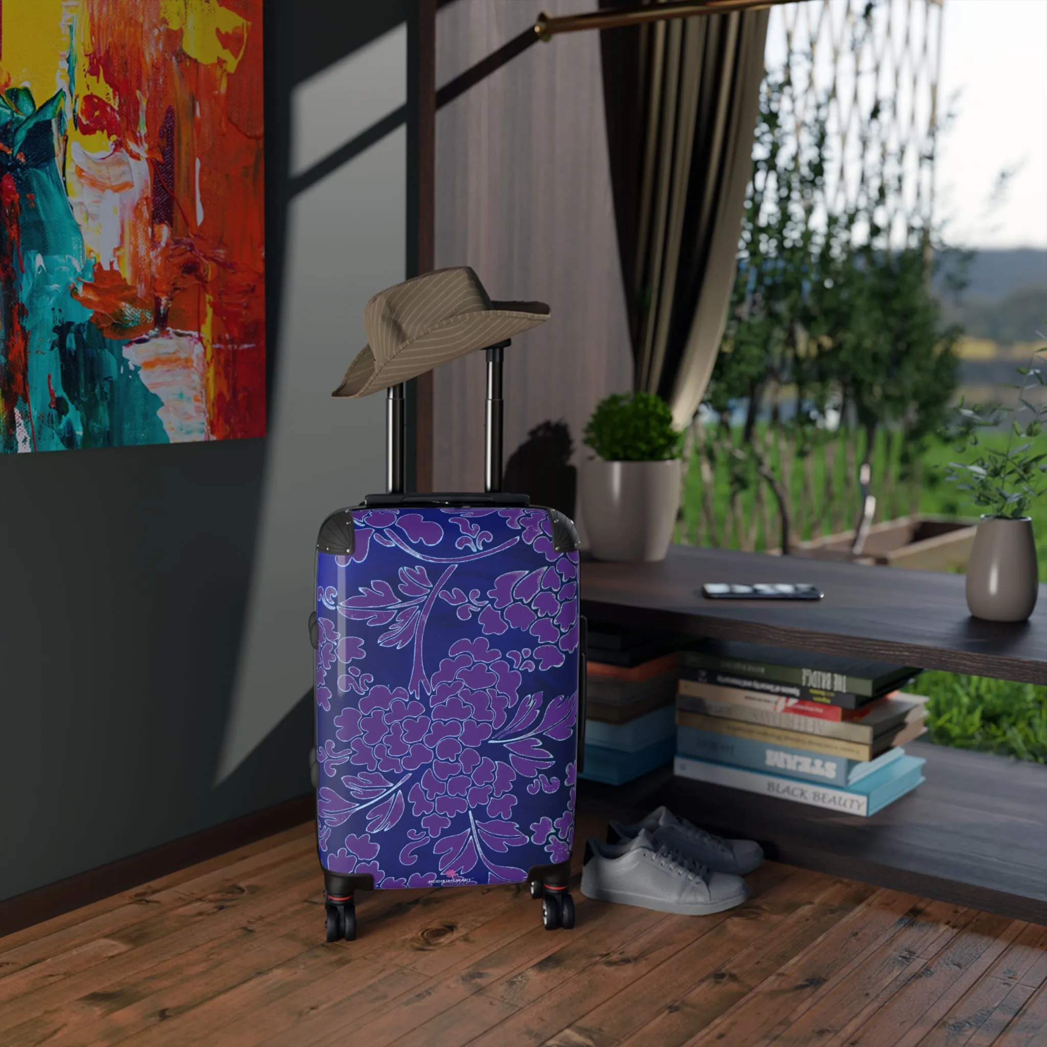 Blue Purple Floral Print Suitcase, Abstract Oriental Style Floral Print Designer Suitcases, Travel Bag Suitcases (Small, Medium, Large)