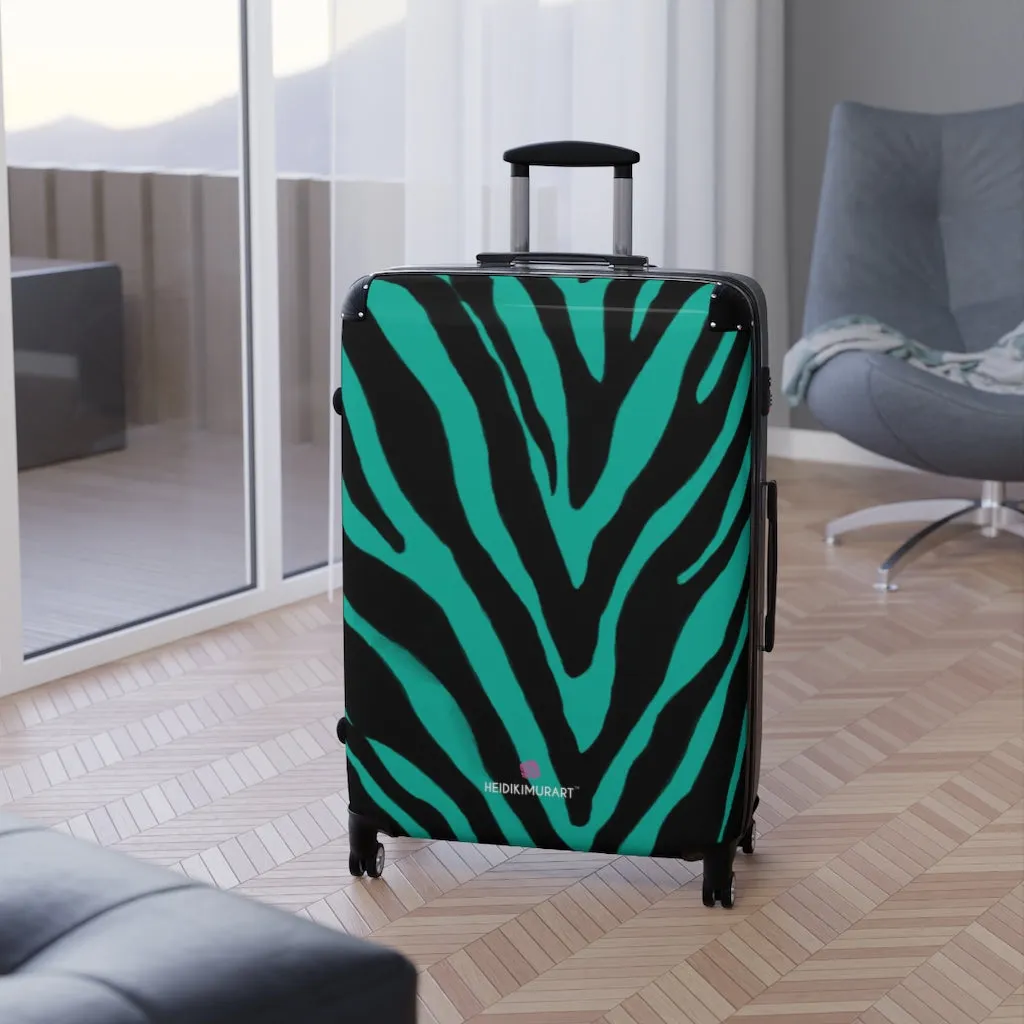 Blue Zebra Print Suitcases, Zebra Striped Animal Print Designer Suitcase Luggage (Small, Medium, Large)