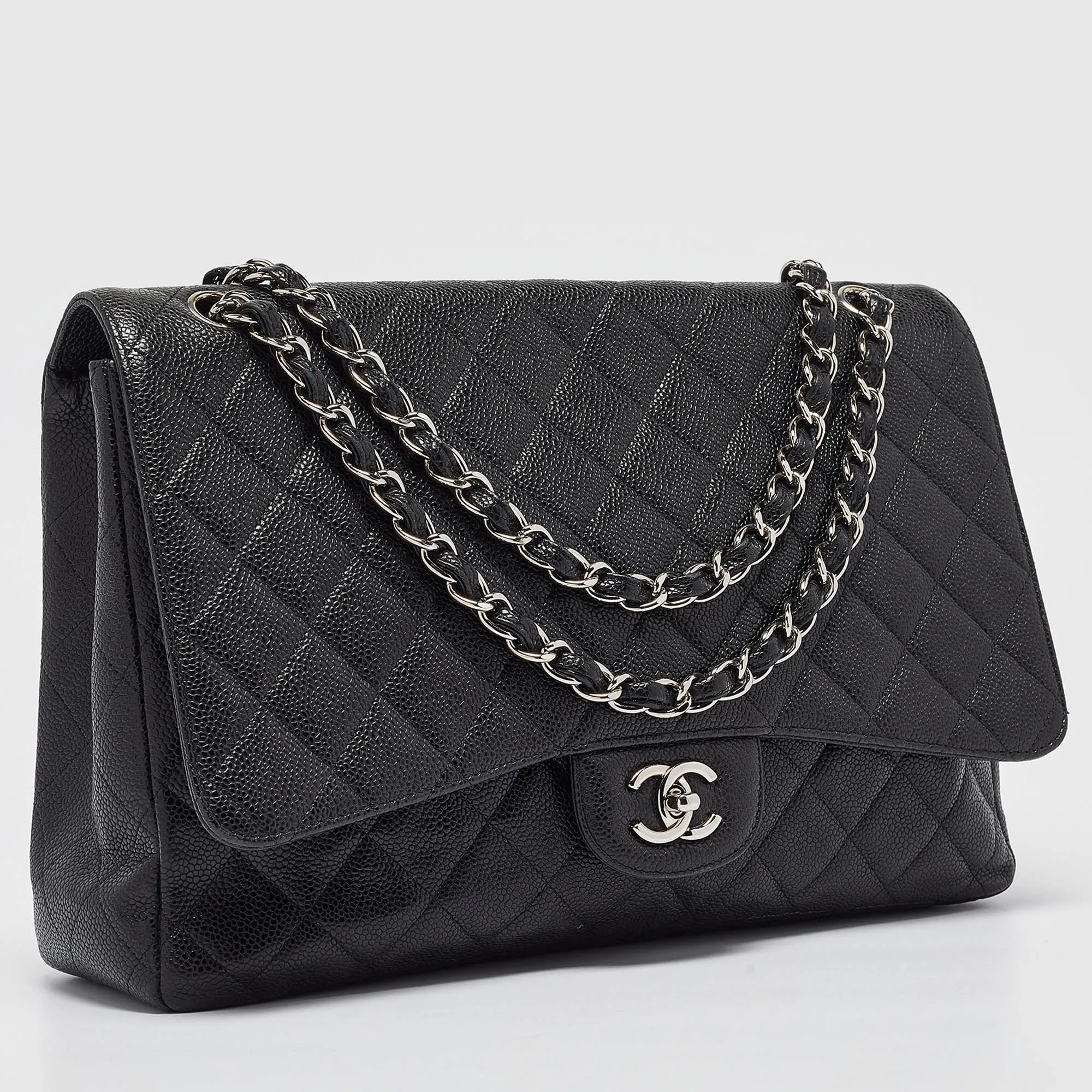 CHANEL Black Quilted Caviar Leather Maxi Classic Single Flap Bag