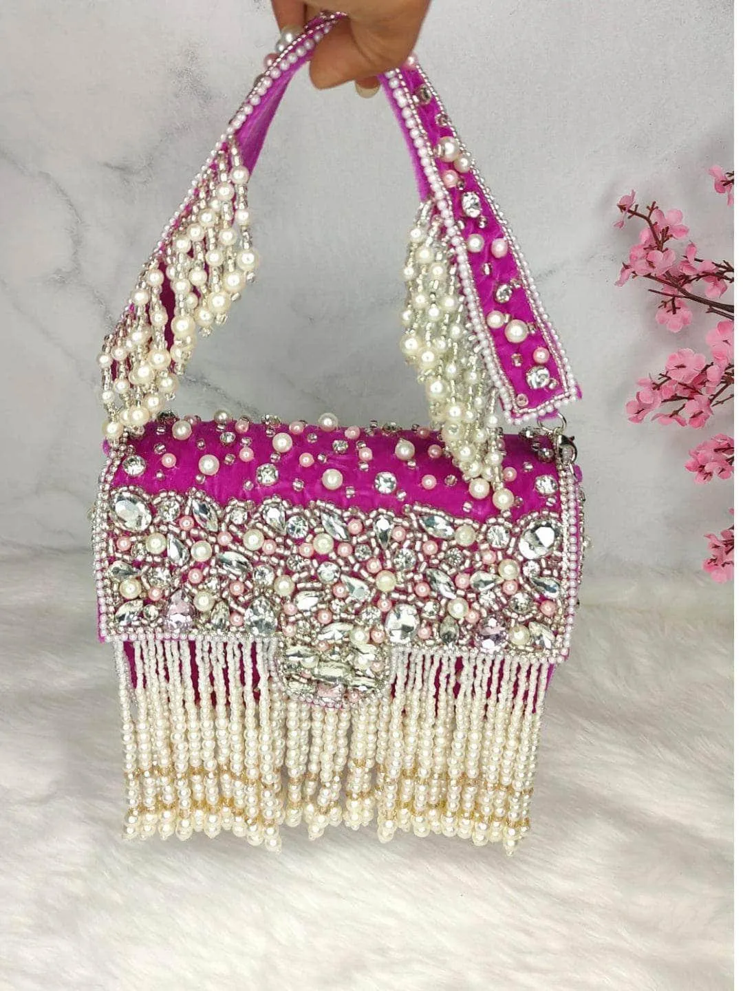 Designer Crystal And Pearl Work Flap Clutch