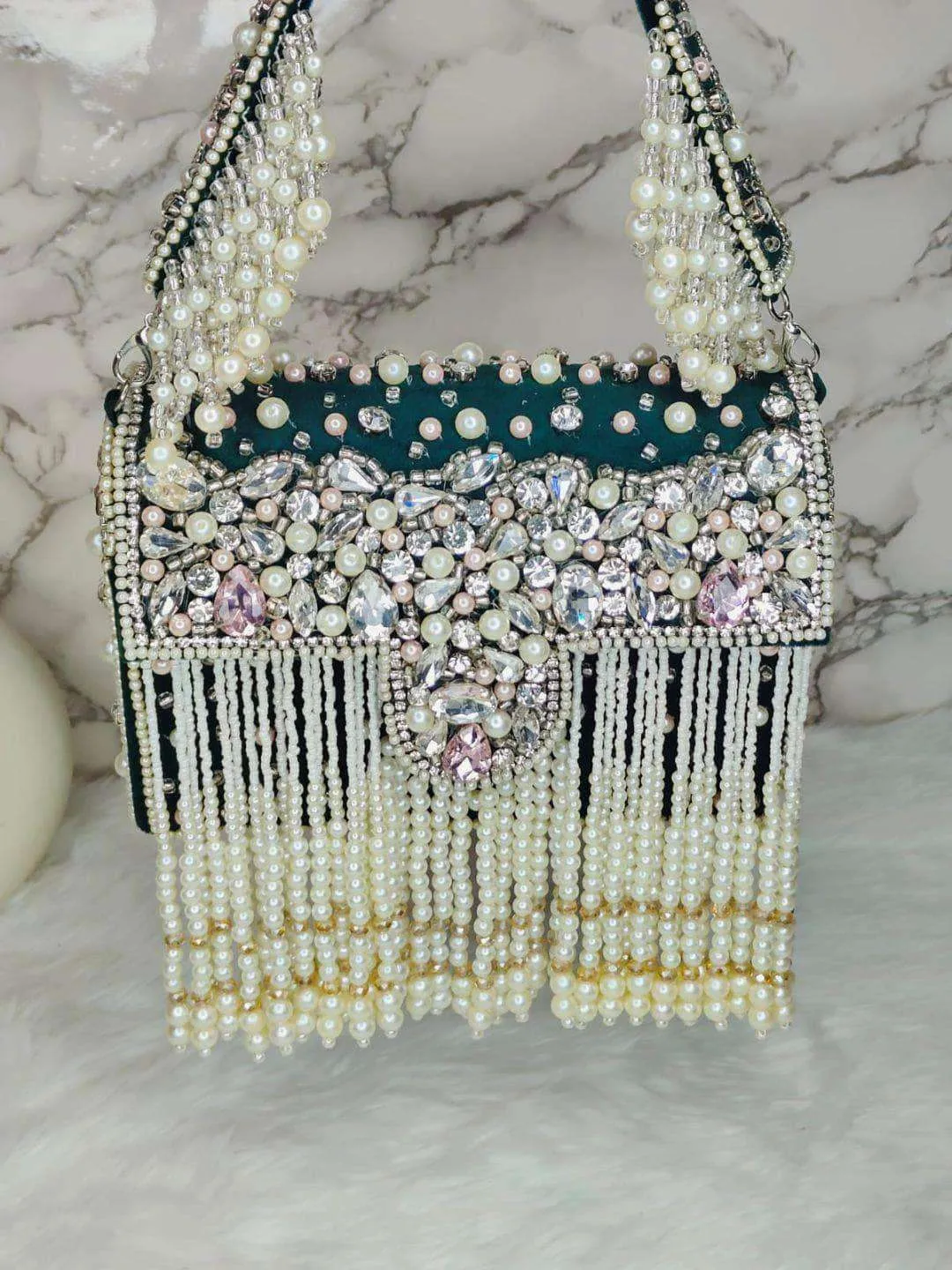 Designer Crystal And Pearl Work Flap Clutch