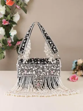 Designer Crystal And Pearl Work Flap Clutch