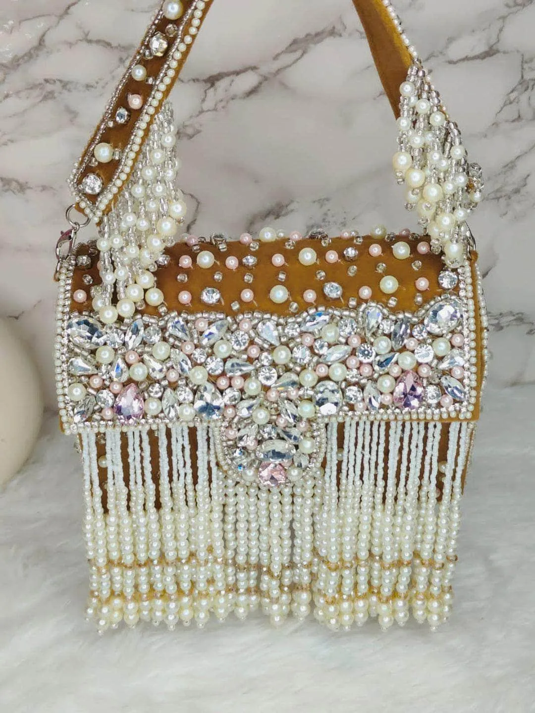 Designer Crystal And Pearl Work Flap Clutch