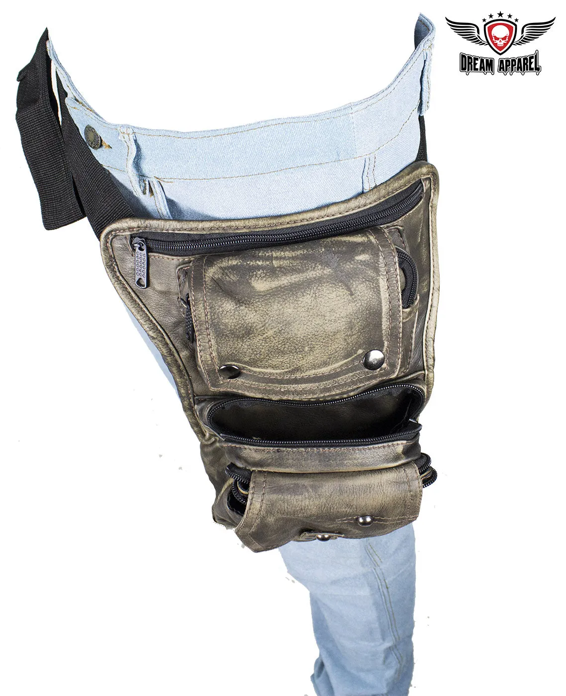 Distressed Brown Leather Multi Pocket Thigh Bags with Gun Pocket