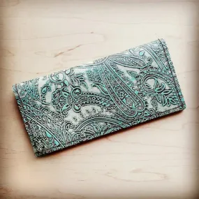 Embossed Leather Wallet in Turquoise Paisley with Snap